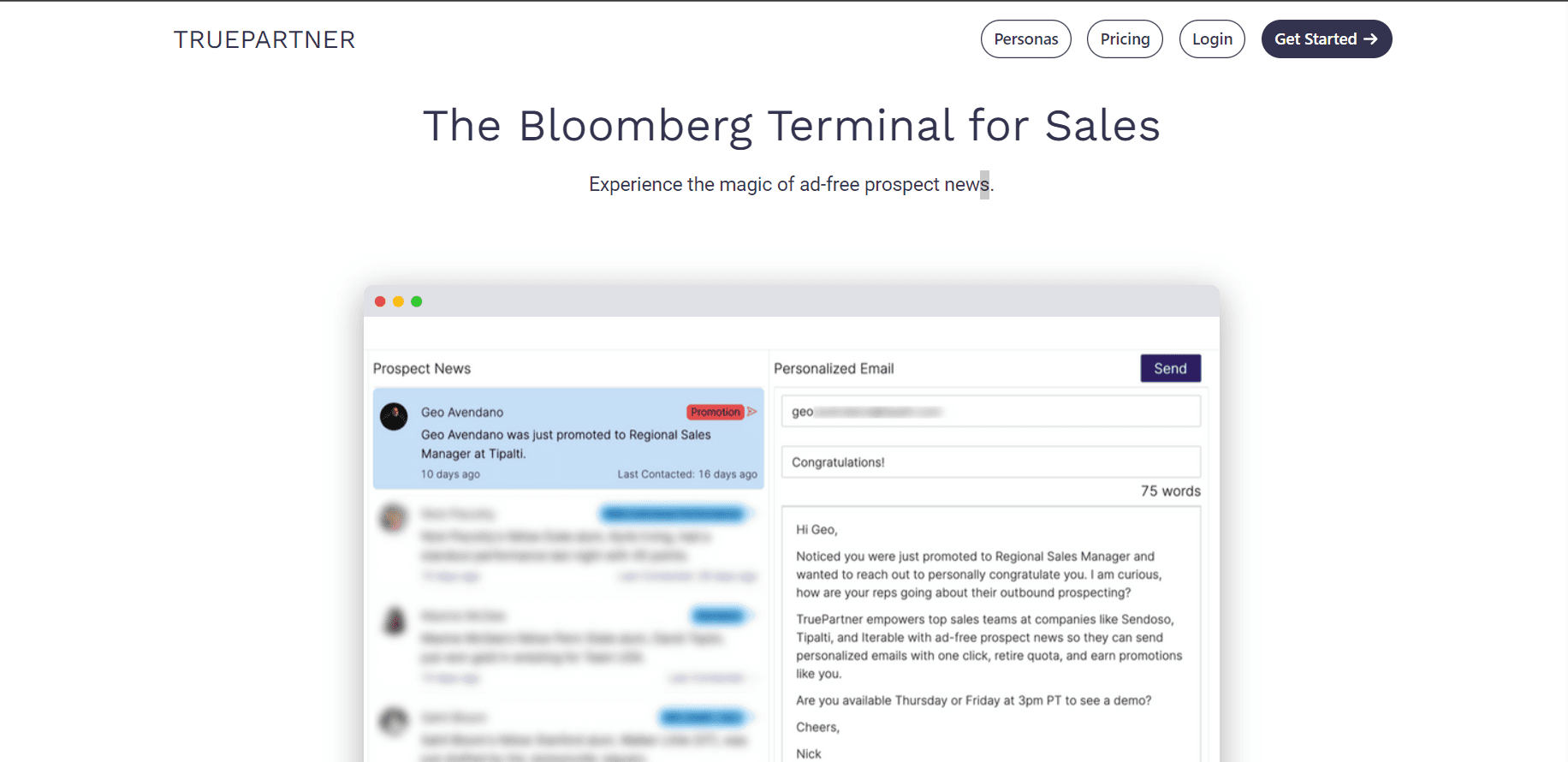The Truepartner website: “The Bloomberg Terminal for Sales,” showing prospect news beside a personalized email draft.